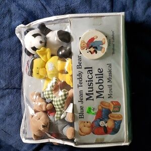 Vintage Blue Jean Teddy Bear Baby rotating Crib Mobile Manual dog, duck panda